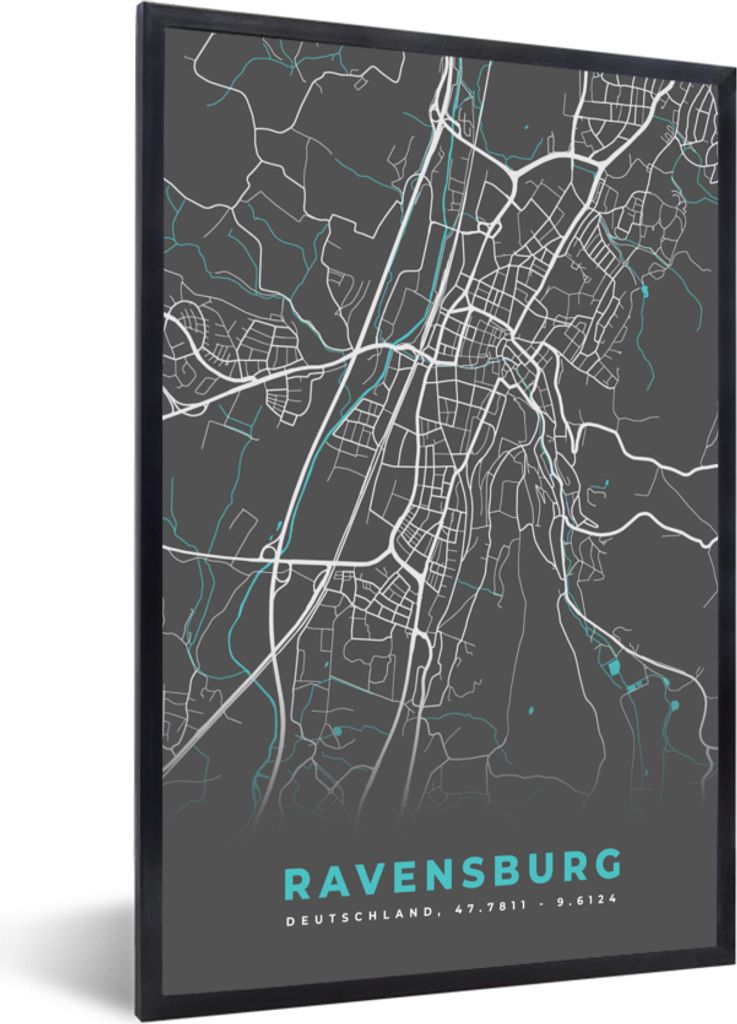 MuchoWow Gerahmtes Poster Karte - Ravensburg - Blau - Stadtplan - Deutschland 60x90 cm - Poster mit Schwarzem Bilderrahmen Wandposter Rahmen Foto...