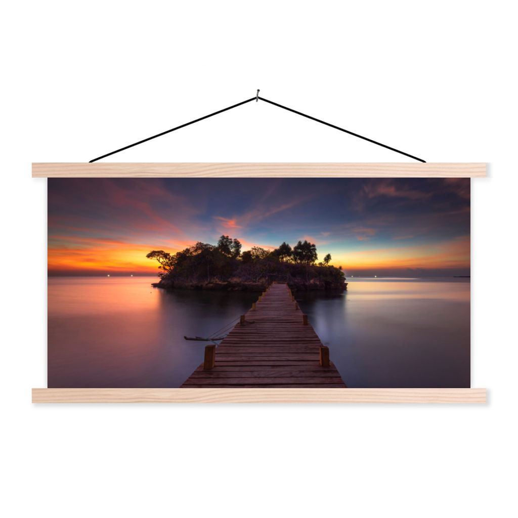 MuchoWow Textilposter Sonnenuntergang - Brücke - Bäume - Wasser - Insel 60x30 cm mit holzfarbenen Rahmen - Dekoration