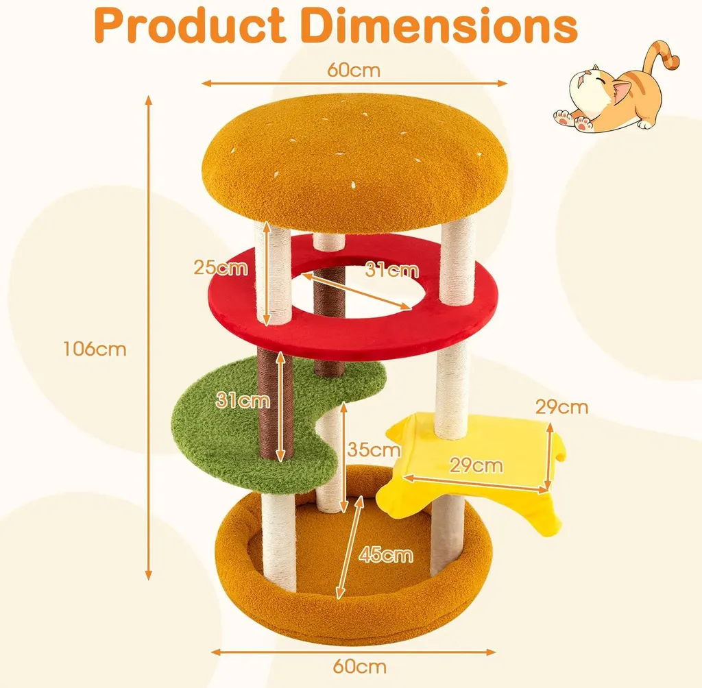 Arbre à chat avec lit et plateforme d'observation design burger bois