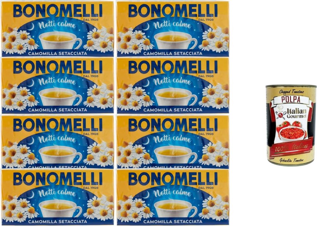 Bonomelli Notti Calme Kamille Tee, Camomilla Setacciata, beruhigende Kräuterinfusion für den Abend, 8 Packungen Aufgussbeutel + Italian Gourmet p...
