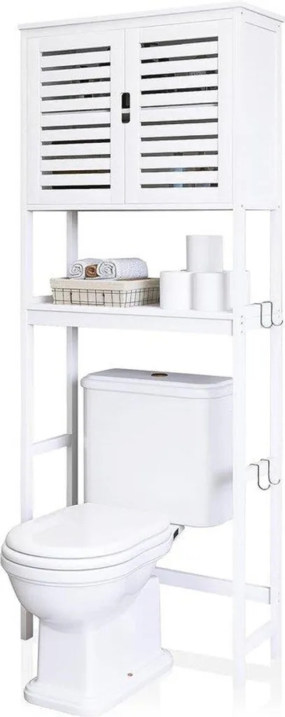 Meuble de rangement WC en bambou blanc avec étagère réglable - Modèle H170