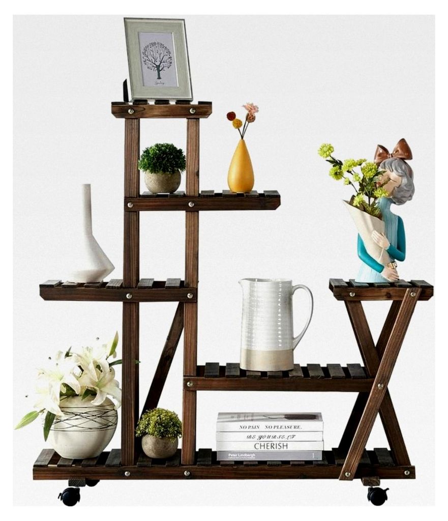 Pflanzentreppe aus Holz mit Rollen, Blumenregal für Balkon und Garten, mehrstöckig 97,5 x 33 x 101 cm