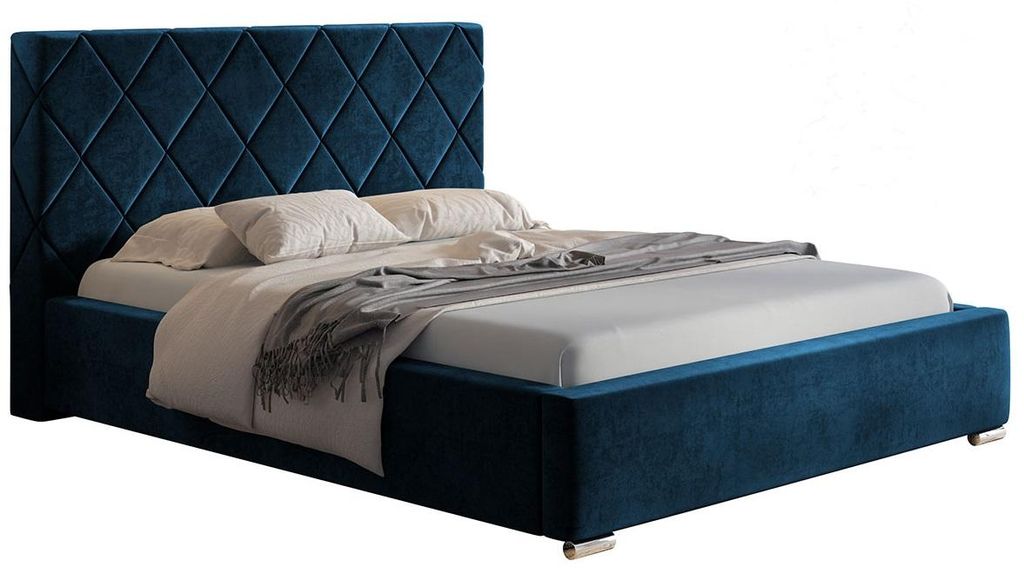 Polsterbett mit Bettkasten 140x200 cm Aron - Doppelbett mit Metall-Lattenrost, Samtstoff, Blau