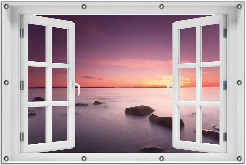 Wallario Outdoor-Poster für Garten oder Balkon 100 x 150 cm: Nebel am See bei Sonnenuntergang