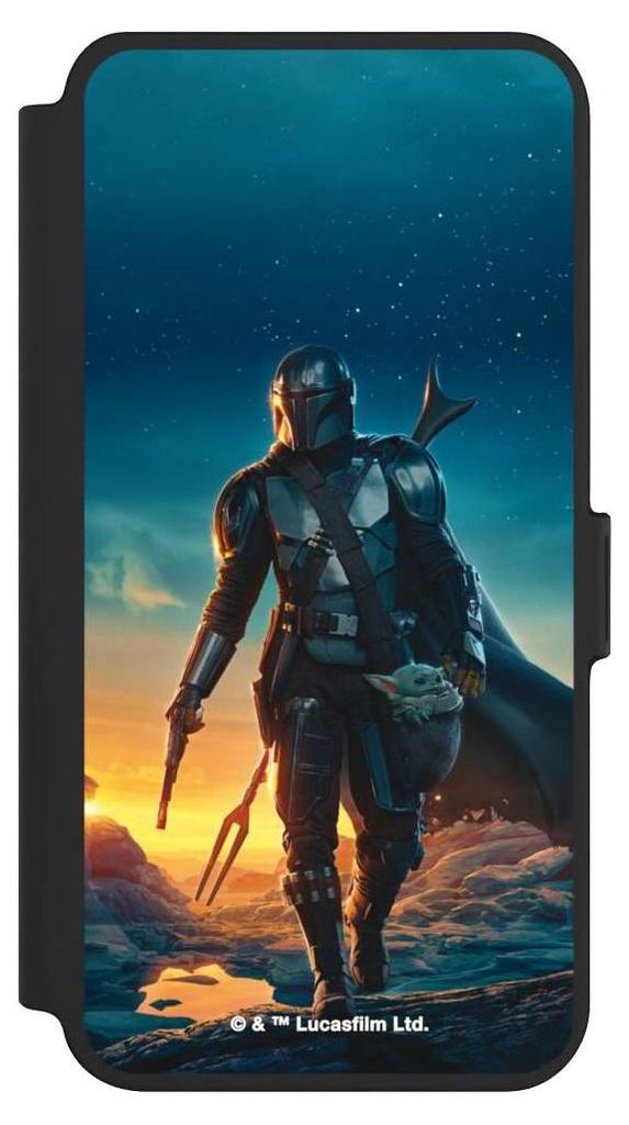 NIVOCASE Klapphülle für Samsung Galaxy S25+ Handyhülle aus Kunst Leder NIVOflip schwarz Sonnenuntergang Star Wars The Mandalorian