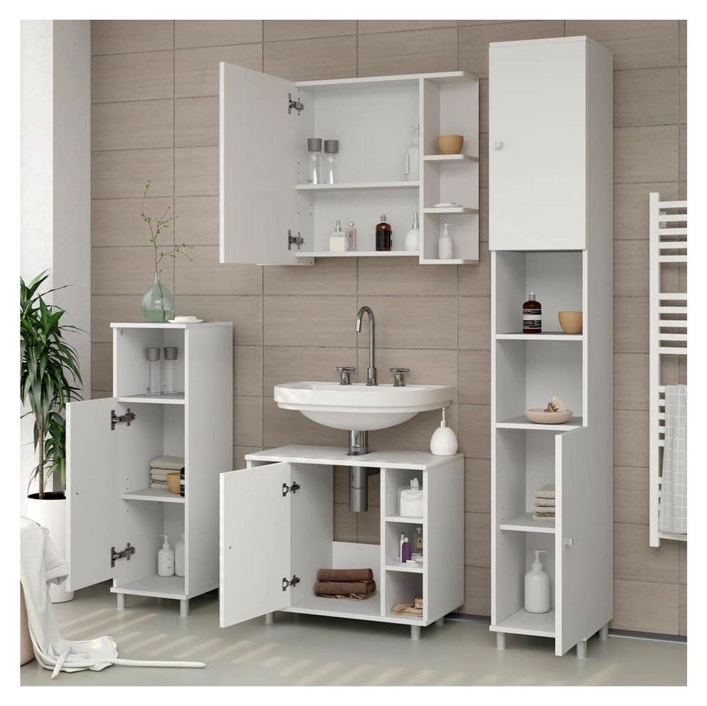 Badmöbel-Set Fynn, Weiß, 60 cm, bestehend aus Waschbeckenunterschrank, Spiegelschrank, Hochschrank und Midischrank