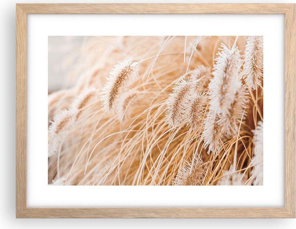 Gerahmtes Poster - Rahmen in heller Eiche - Gras Boho Licht - 40x30 cm - Wand Bild - Wanddeko - Wandbilder - Kunstposter - Wandposter - Bilderrahme...