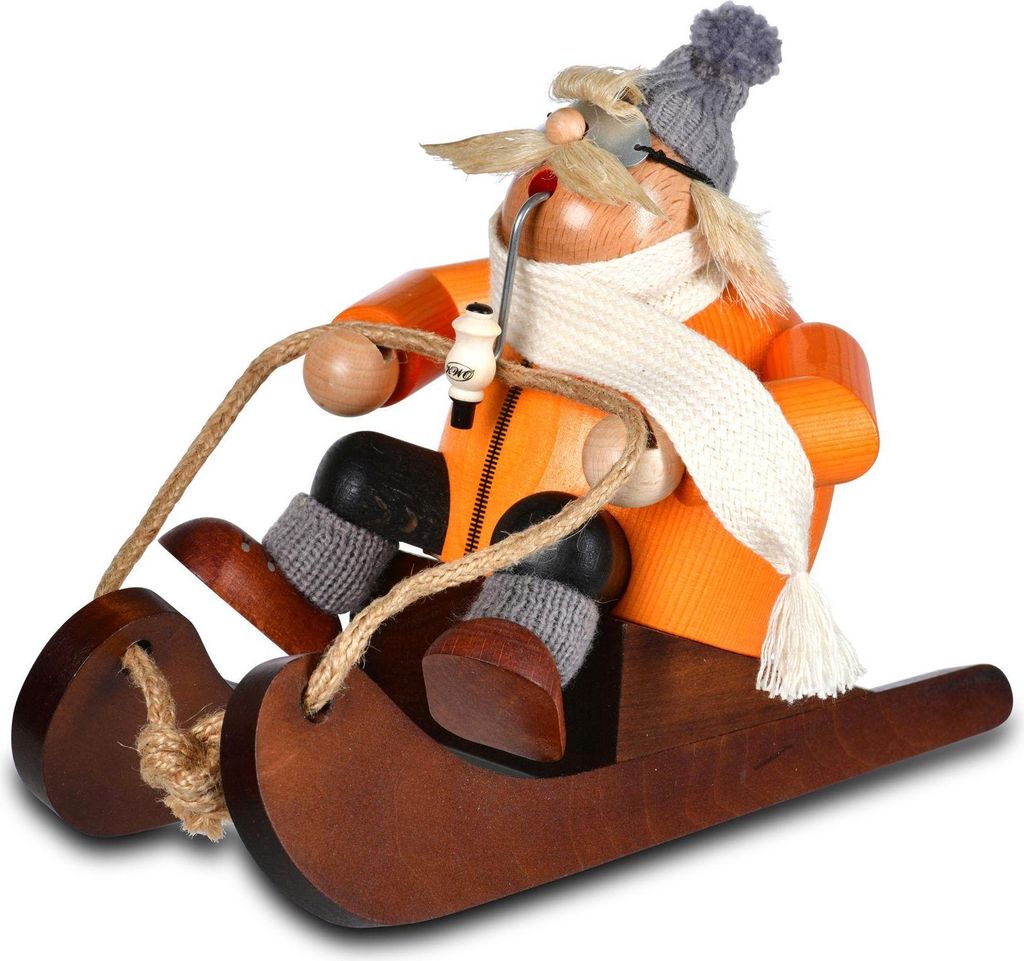 Räuchermann Rodel-Andi mit orangefarbener Jacke, Schal und Wollmütze auf Schlitten BxHxT 13x22x16cm NEU