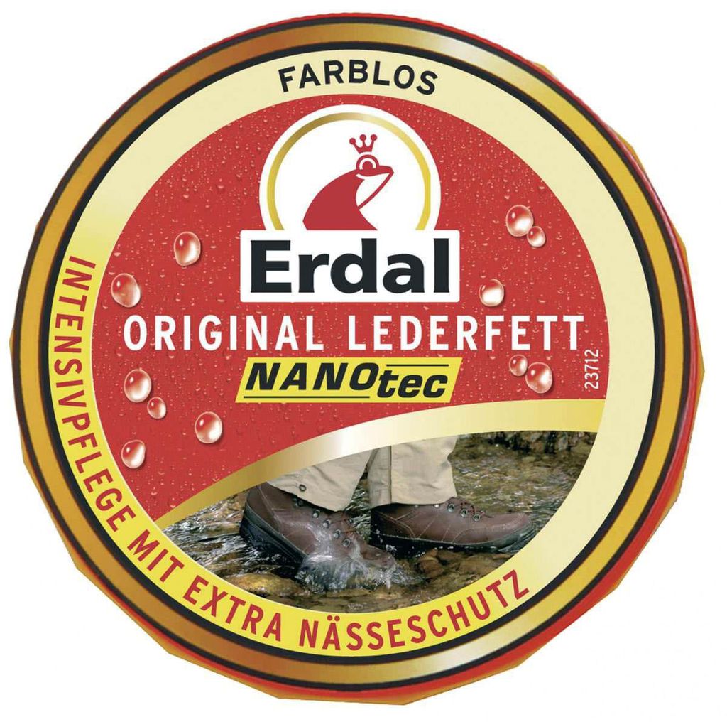 A circular product label for Erdal Original Lederfett, showing a frog logo and boots in water.