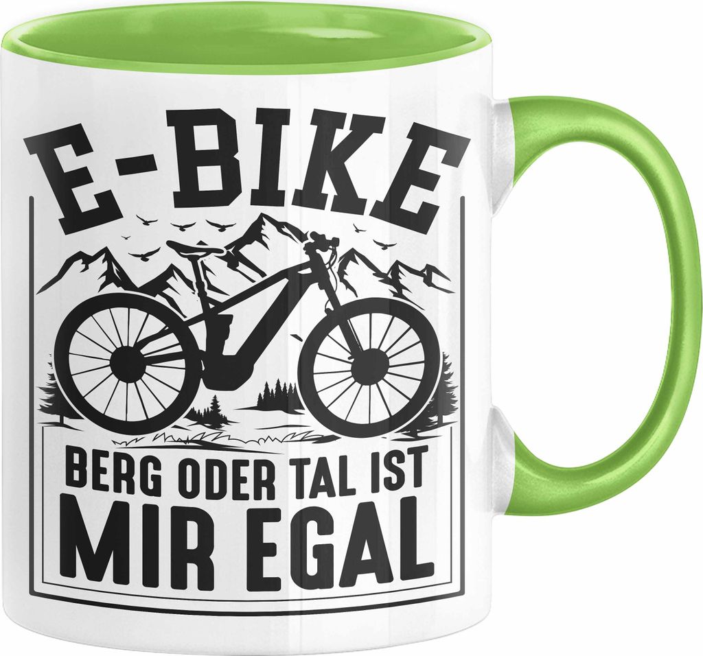 E-Bike Fahrer Geschenk Tasse Elektro-Fahrrad Berg Oder Tal Ist Mir Egal Geschenkidee Kaffee-Becher (Grün)