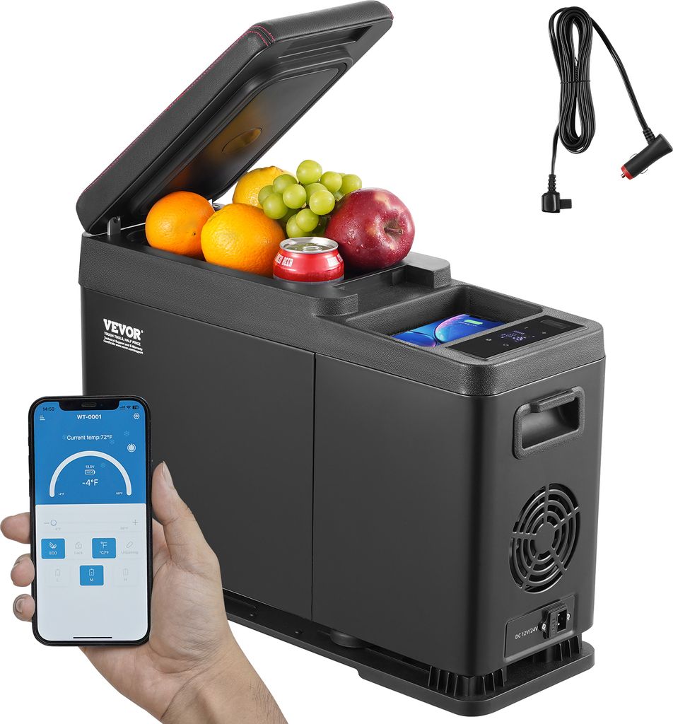A hand holding a smartphone displaying a temperature control app, with a portable car refrigerator in the background filled with fruit and a can.