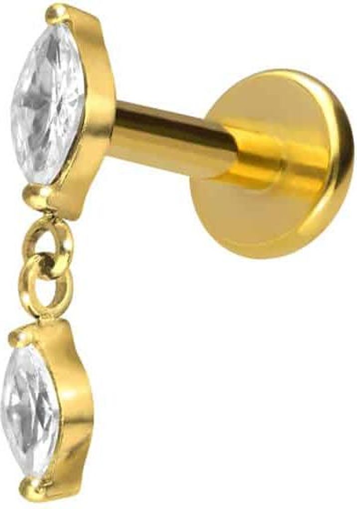 Ohrpiercing, Nasenpiercing Titan Labret mit Push Fit 2 KRISTALLTROPFEN Gold Stablänge: 9mm | Stabstärke: 1mm