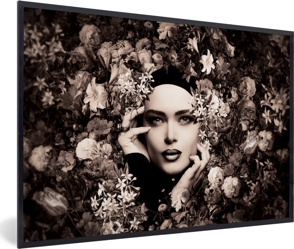 MuchoWow Gerahmtes Poster Frau - Blumen - Botanisch - Natur 30x20 cm - Poster mit Schwarzem Bilderrahmen Wandposter Rahmen Foto Bilder - Kunstdru...
