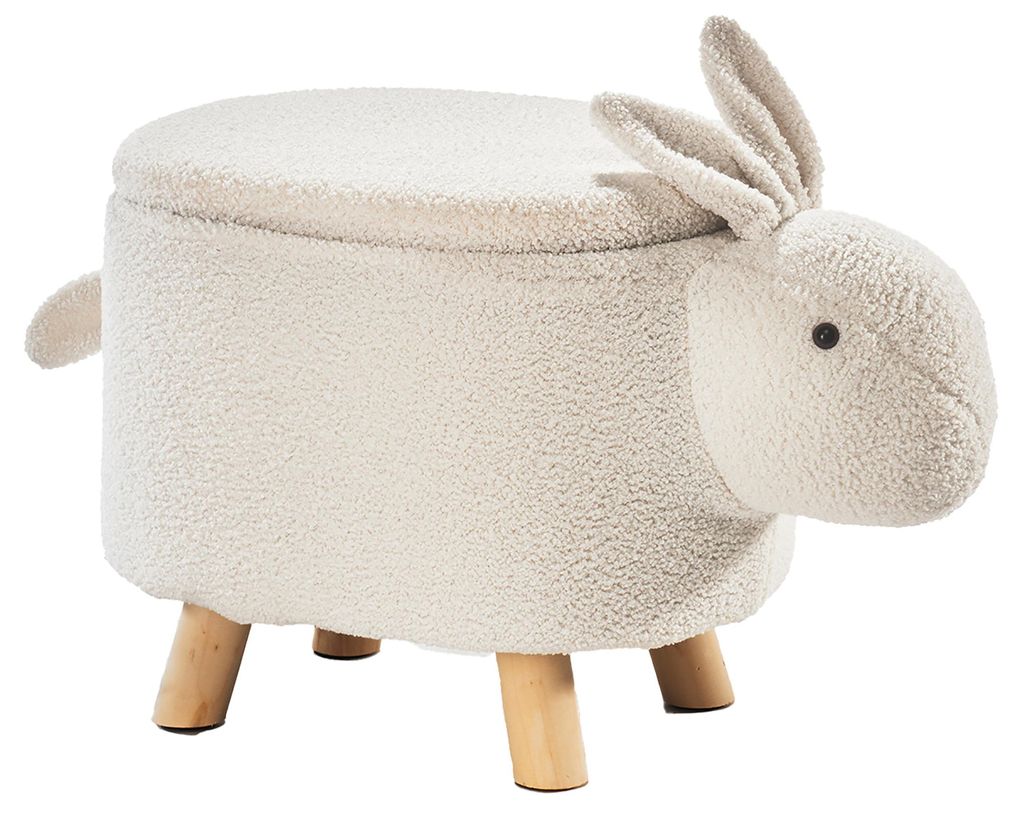 Lockardi Tierhocker Kinderhocker Hocker BUNNY - weiß - Design Hase - mit Staufach - Bouclestoff Teddystoff weiß