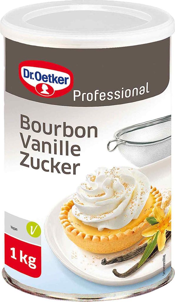 A can of Dr. Oetker Bourbon Vanilla Sugar with a pastry topped with whipped cream.