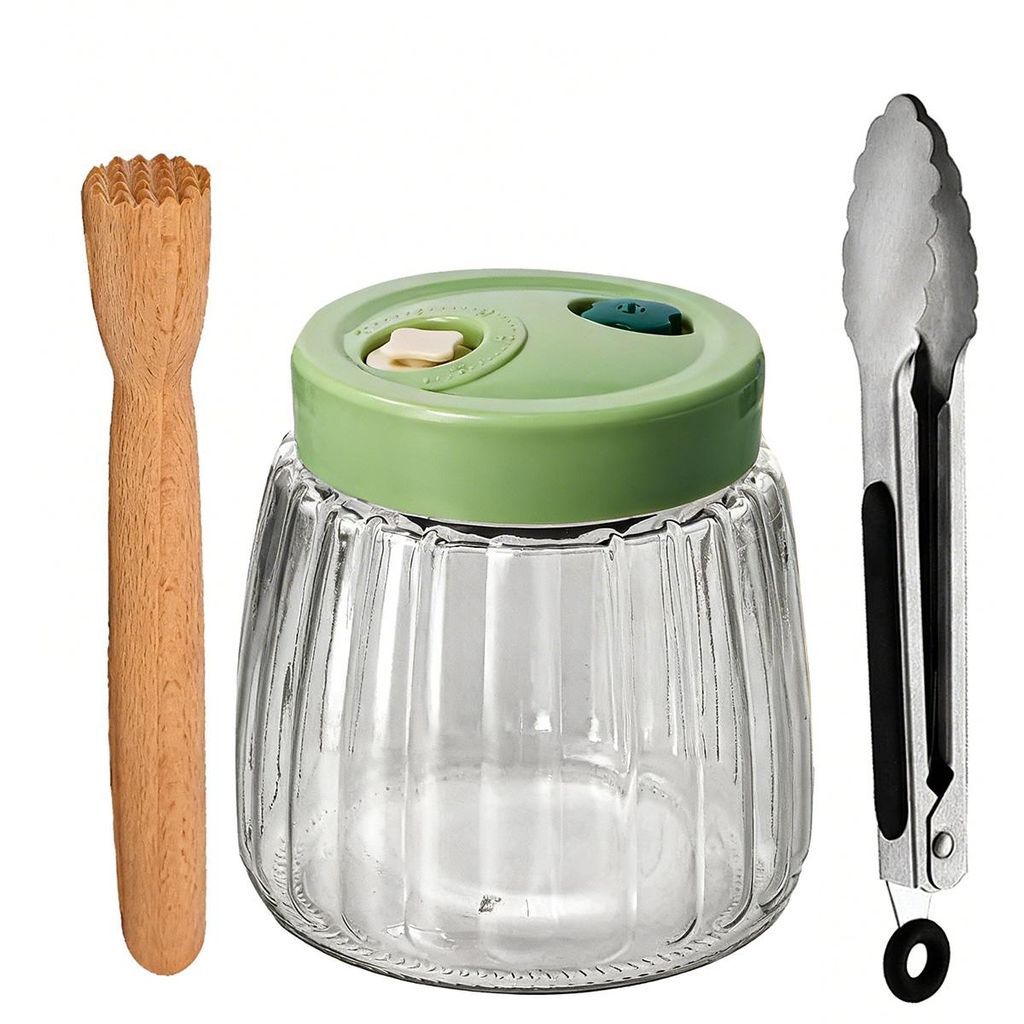 1L Gärglas mit Doppelventil & Glasgewichten , Fermentierglas für Kimchi, Sauerkraut, Kefir & Essiggurken , Borosilikatglas