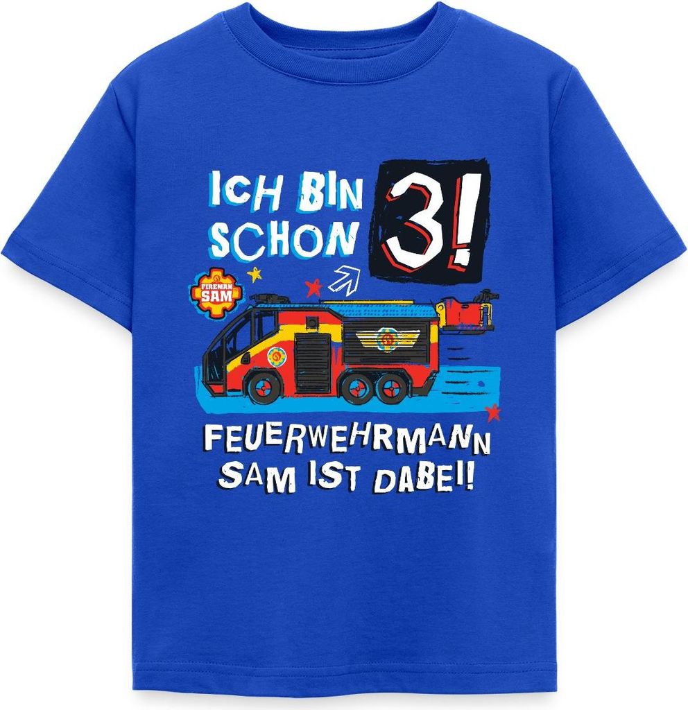 Spreadshirt Feuerwehrmann Sam Geburtstagsdesign 3 Jahre Kinder T-Shirt, 122/128 (7-8 Jahre), Royalblau