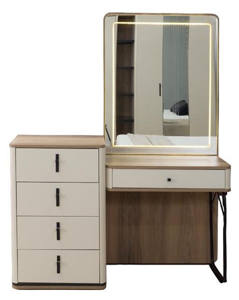Schlafzimmer Komplett Kommode mit Spiegel Bett Nachttische Bank Beige 5tlg