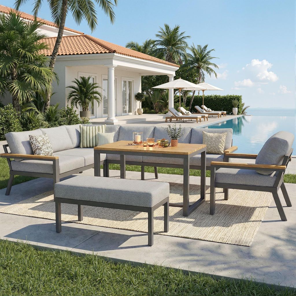 Merax L-förmiges Gartenmöbel Set mit Holz-Tisch und Eisenrahmen, Wetterfest Gartensofa-Set für 8 Personen mit Schaumstoffpolster & abnehmbaren K...