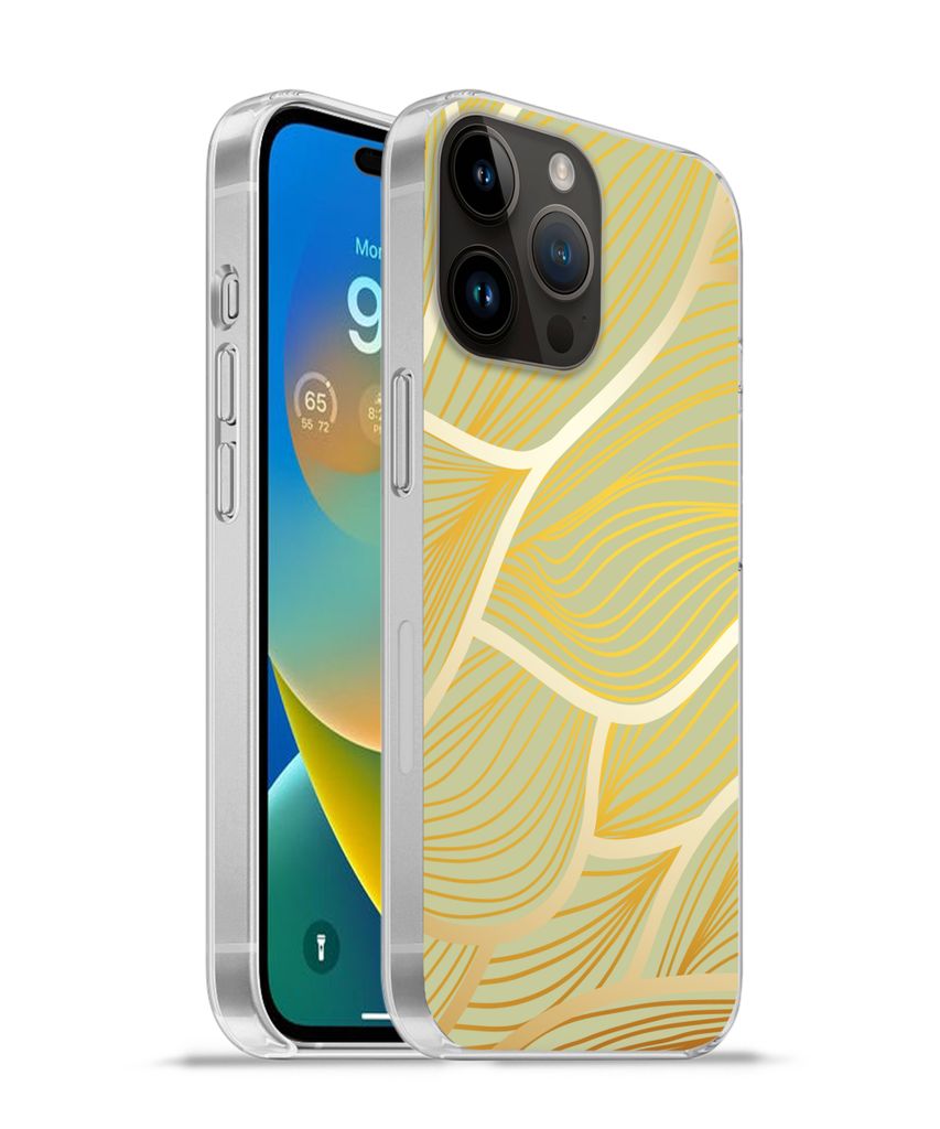 MuchoWow Handyhülle Schutzhülle Hülle für Apple iPhone 14 Pro - Softcase Goldene Wellen auf grünem Hintergrund Silikon Softcase Handy Hülle...