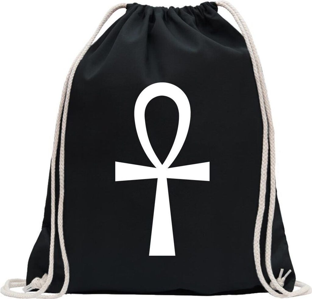 Kiwistar - Turnbeutel - schwarz - Ankh Kreuz - Fun Rucksack Sport Beutel Gymsack Baumwolle mit Ziehgurt