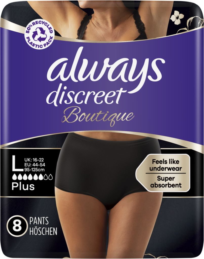 A package of Always Discreet Boutique incontinence pants.