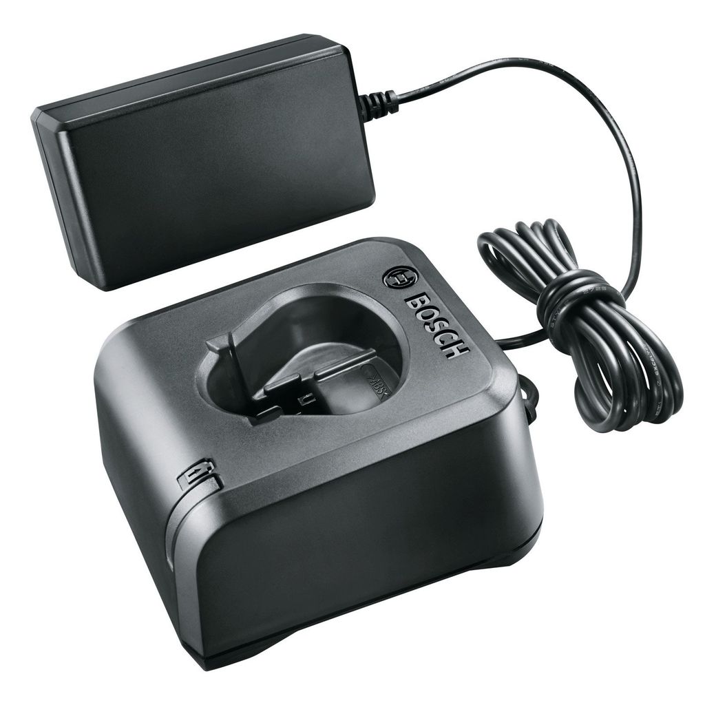 A black Bosch battery charger and power adapter are shown on a white background.