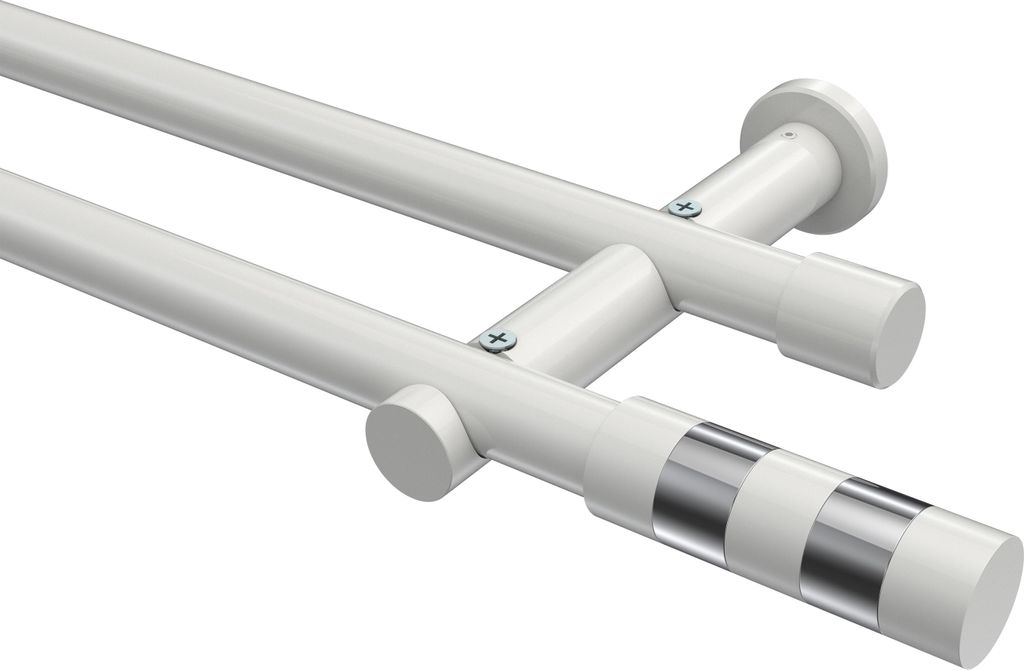 Interdeco Gardinenstange / Vorhangstange Weiß, Typ Platon Mavell (Zylinder Bicolor) ohne Ringe, 20 mm Ø 2-läufig, 440 cm