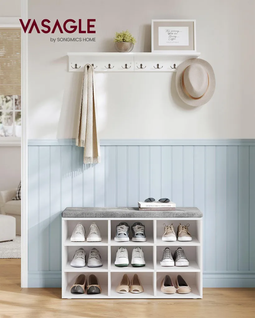 Coussin pour banc à chaussures avec 9 compartiments de rangement gris