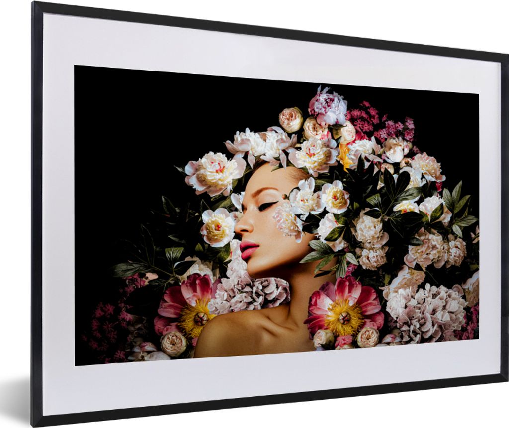MuchoWow Gerahmtes Poster Frauen - Blumen - Rosen - Porträt 60x40 cm - Poster mit Schwarzem Bilderrahmen Wandposter Rahmen Foto Bilder - Schlafz...