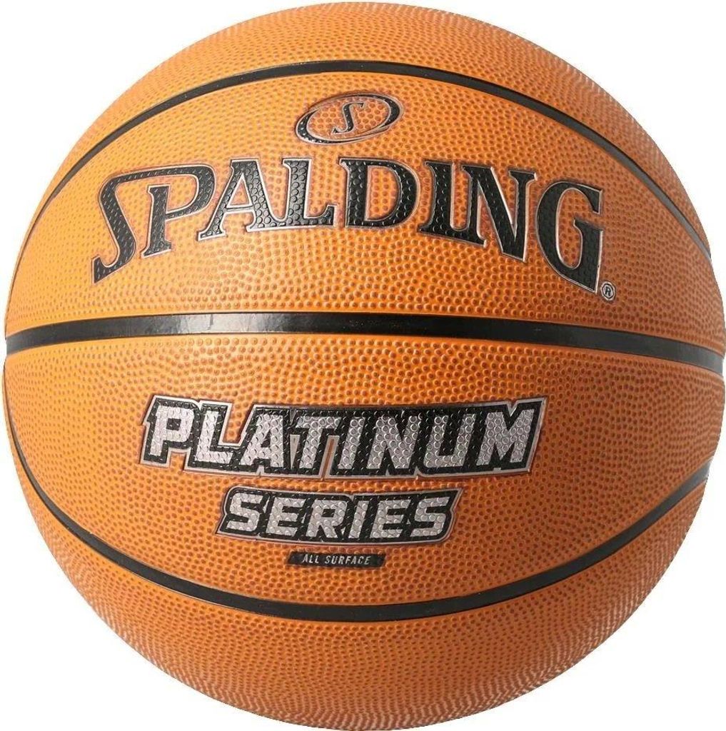 A close-up of a Spalding Platinum Series basketball.