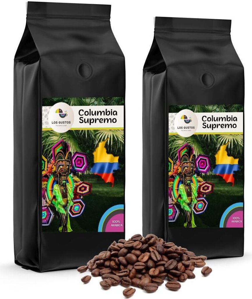 Los Gustos Columbia Supremo Kaffee-Bohnen 2x1000 g, Ungemahlen, Kaffeebohnen für Kaffee-Vollautomat, Frisch Geröstet