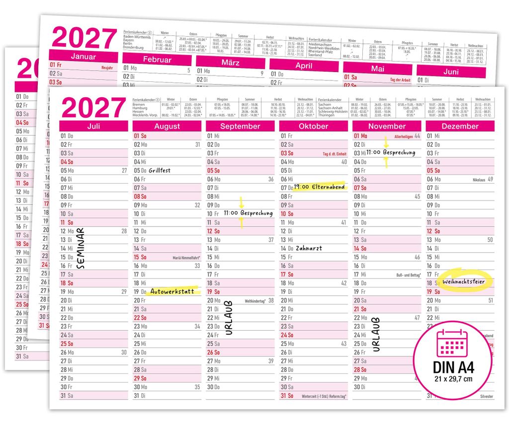 Tafelkalender 2027 Pink DIN A4 3er Set Halbjahreskalender Produktbild 