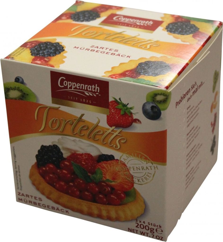 A product box for Coppenrath Torteletts, showing images of the product and fruit.
