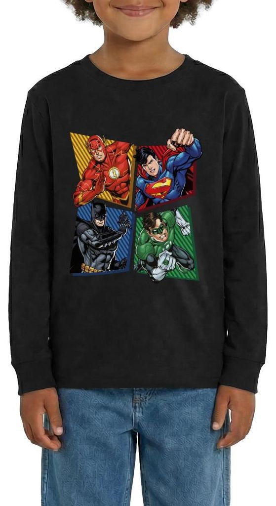Spreadshirt DC Comics Justice League Superhelden Teenager Premium Langarmshirt, 146/152 (10 Jahre), Schwarz