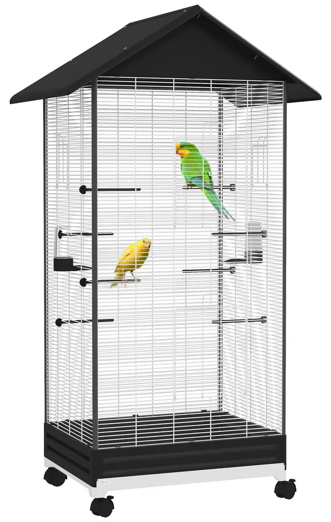 Grande Volière Oiseaux sur Roulettes Cage en Acier Noir 79x65x155 cm
