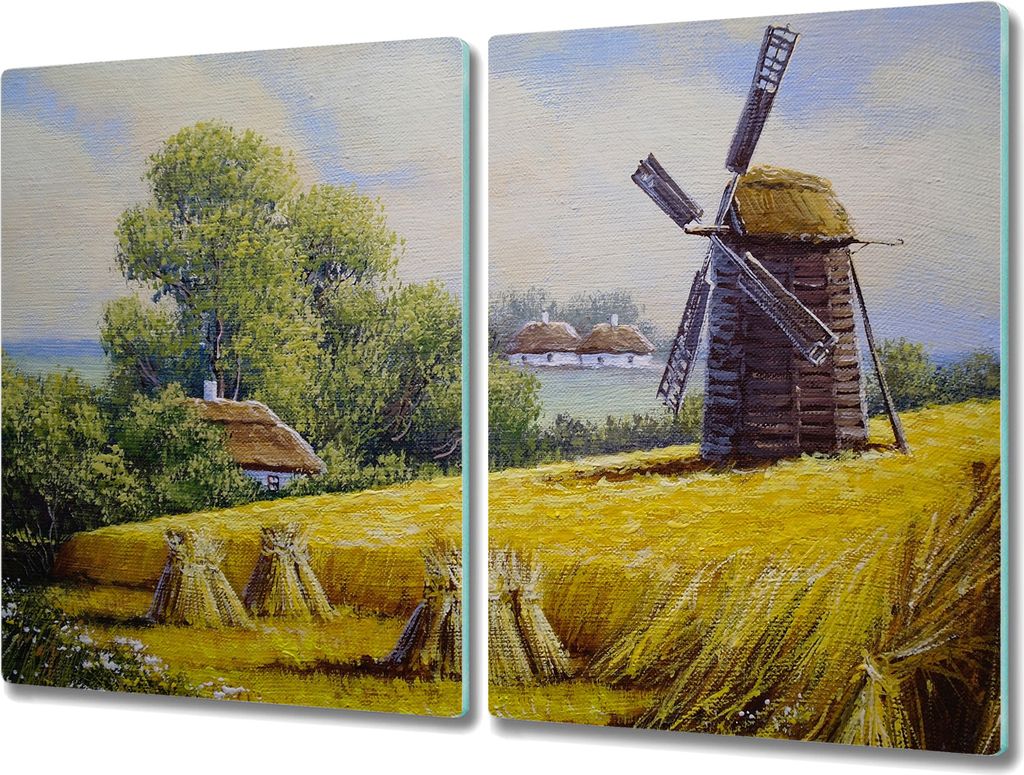 Coloray Kochplattenabdeckung Herdabdeckplatte 2x40x52 cm Hackbrett Schneidebrett Küchenbrett - Gemälde Mühle Dorfhütte