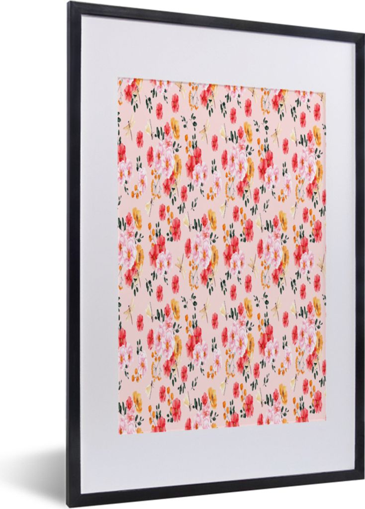 MuchoWow MuchoWow Gerahmtes Poster Blumen - Rosa - Muster 40x60 cm - Poster mit zchwarzem Bilderrahmen - Poster in Rahmen