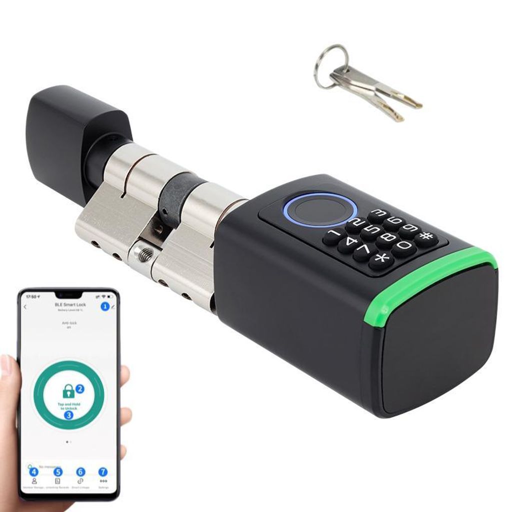 Smartes Türschloss mit Fingerabdruck, verstellbarer Schließzylinder 60–90 mm, App-Steuerung, PIN-Code & Schlüssel, Bluetooth, einfache Montage