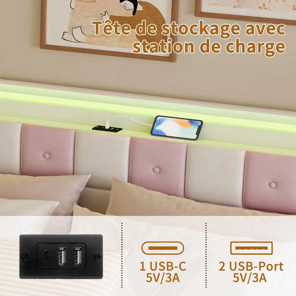 Lit double 160x200 avec rangement tiroirs et tête de lit connectée - 4