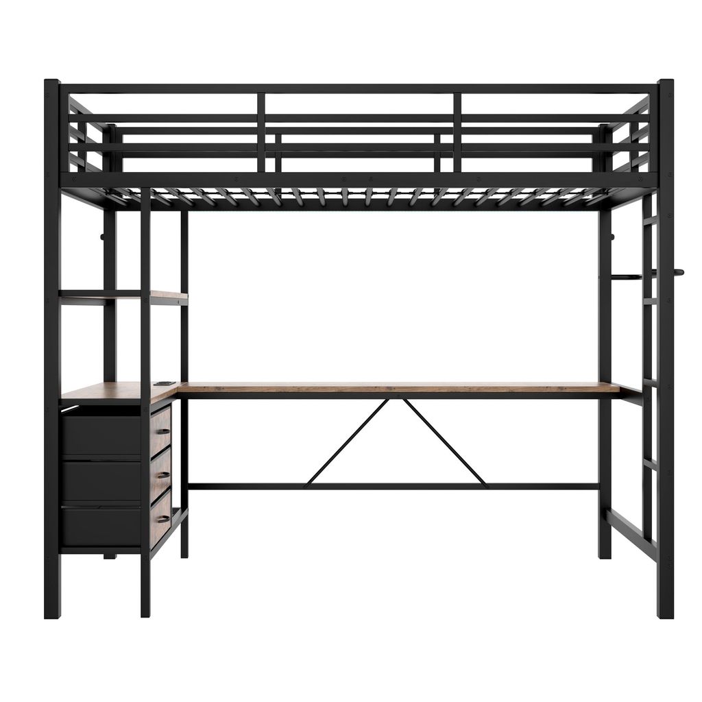 okwish Hochbett 90×200 Einzelbett mit Schreibtisch,Treppe Mit LED-Leuchten,Steckdose mit USB,3 Schubladen,Schwarz(ohne Matratze)