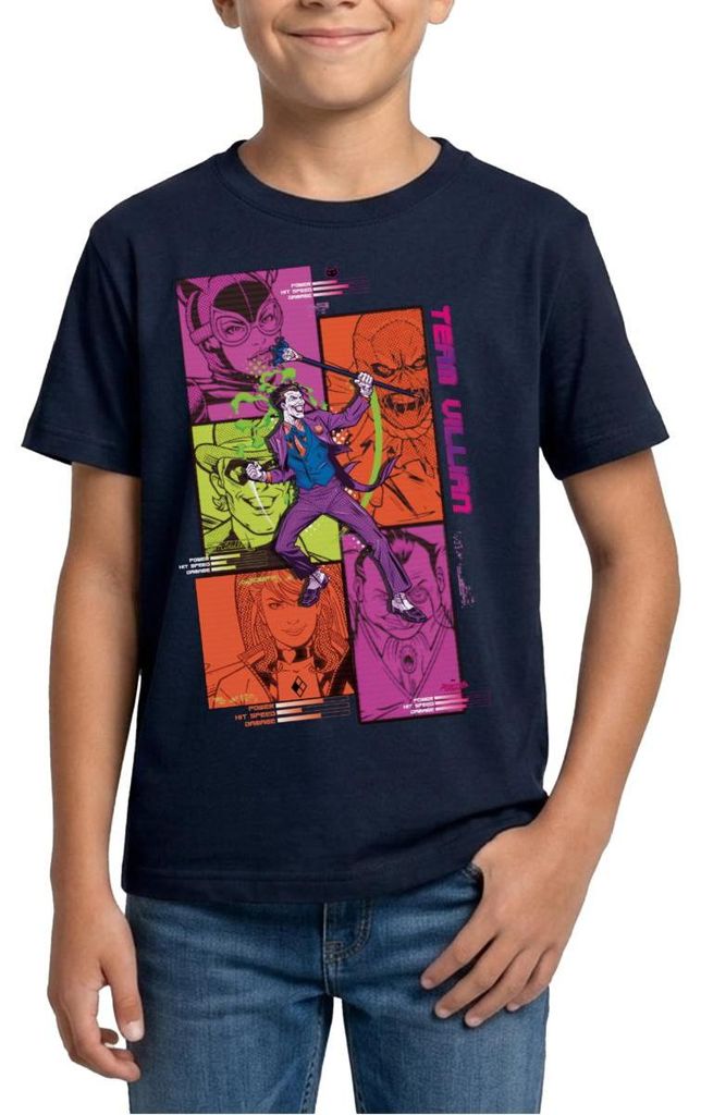 Spreadshirt Batman Team Villain Mit Joker Und Comic-Panels Teenager T-Shirt, 134/146 (9-11 Jahre), Navy