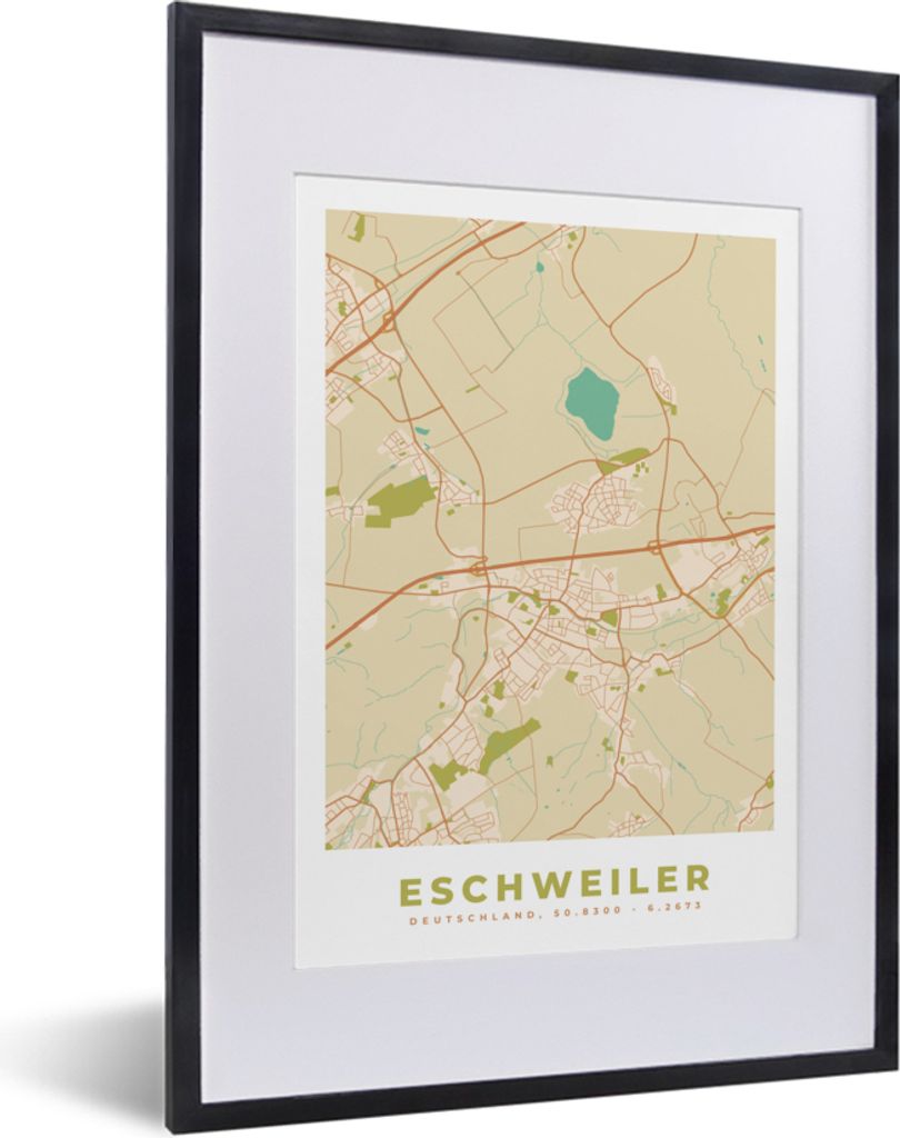 MuchoWow Gerahmtes Poster Stadtplan - Eschweiler - Karte - Vintage 30x40 cm - Poster mit Schwarzem Bilderrahmen Wandposter Rahmen Foto Bilder - W...