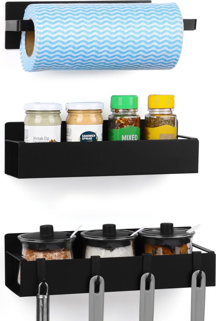 Belle Vous Magnetisches Kühlschrankregal - Küchenregal Set 3er Pack - Schwarzes magnetisches Gewürzregal Wand - Gewürzregal ohne bohren - Gewü...