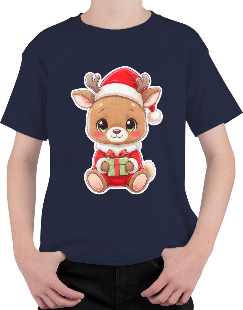Süßes Rentier Weihnachten Geschenk Kinder Kawaii Niedlich Cartoon Uni Kinder T-Shirt, Navy, 140
