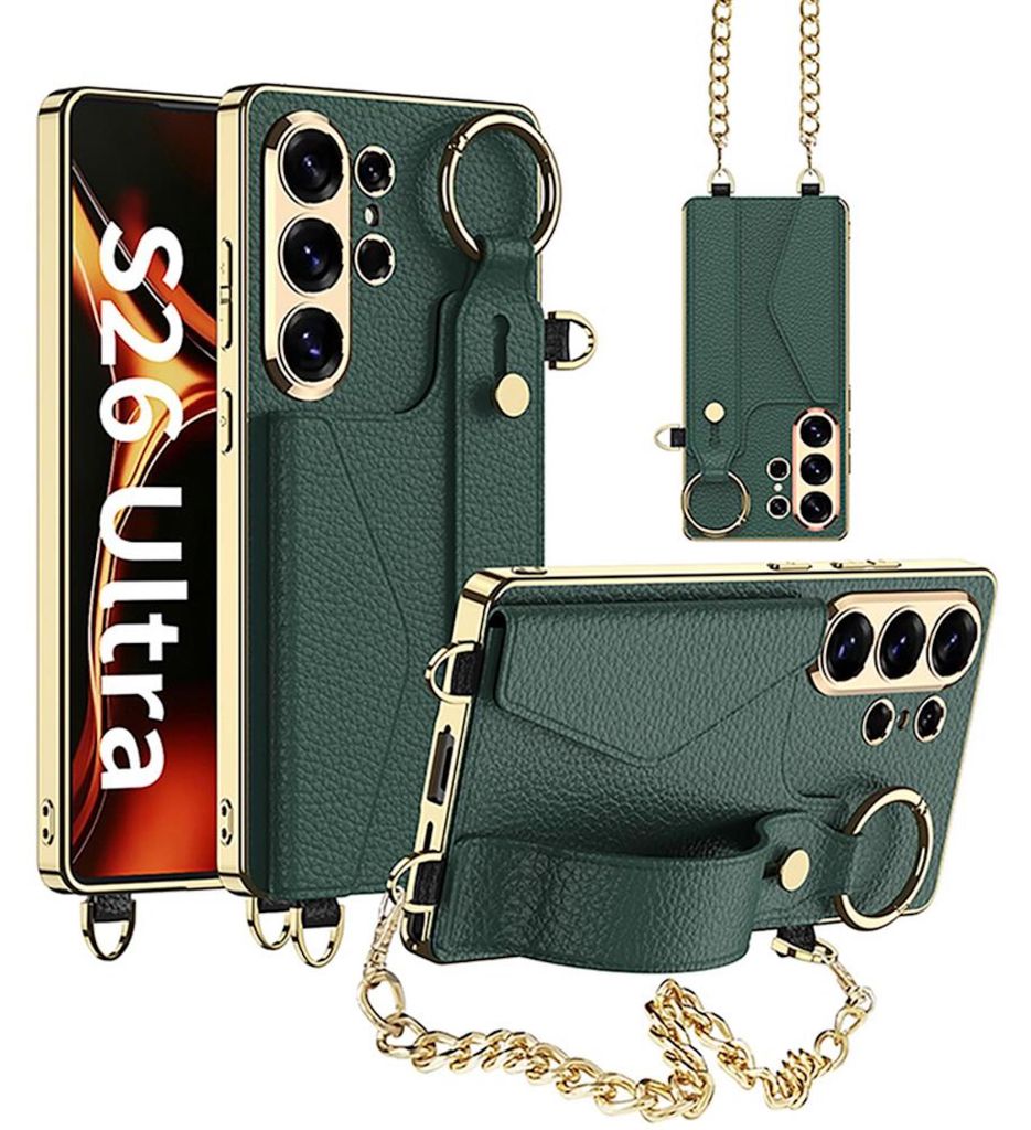 Handy Hülle Armband Kette für Samsung Galaxy S26 Ultra dünn Leder TPU Grün