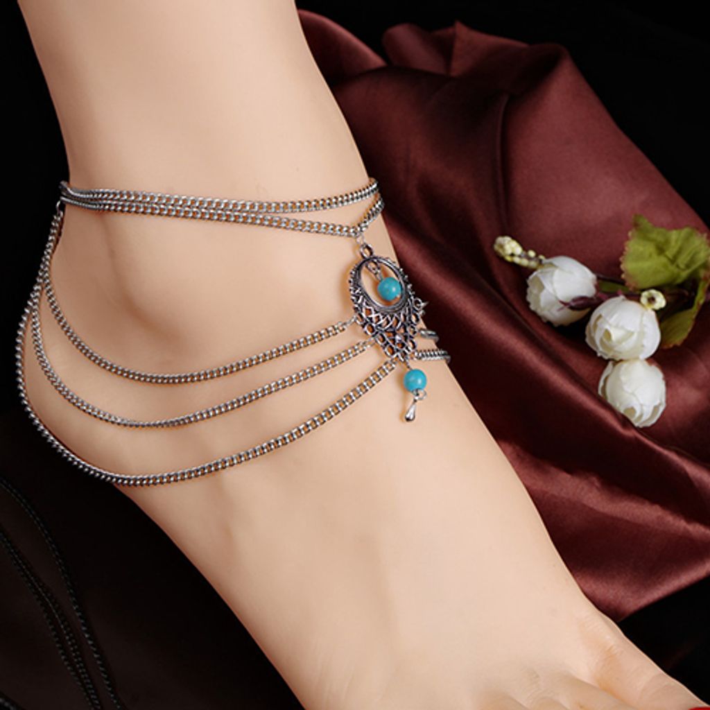 Frauen Boho Türkis Perlen Quasten Hohl Fußkettchen Barfuß Knöchel Armband Schmuck