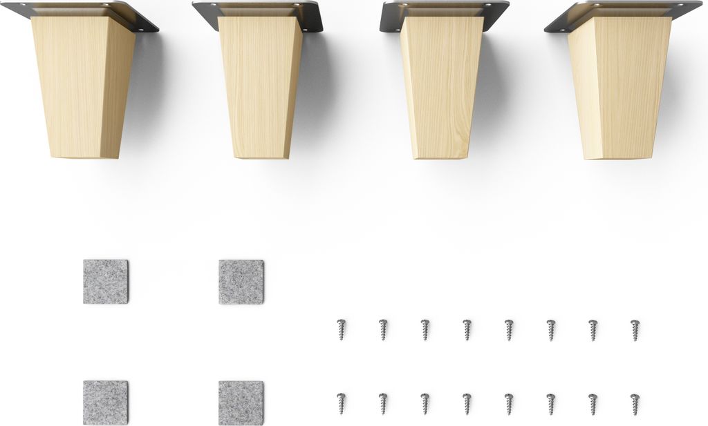 Four wooden furniture legs and accompanying hardware are displayed against a white background.