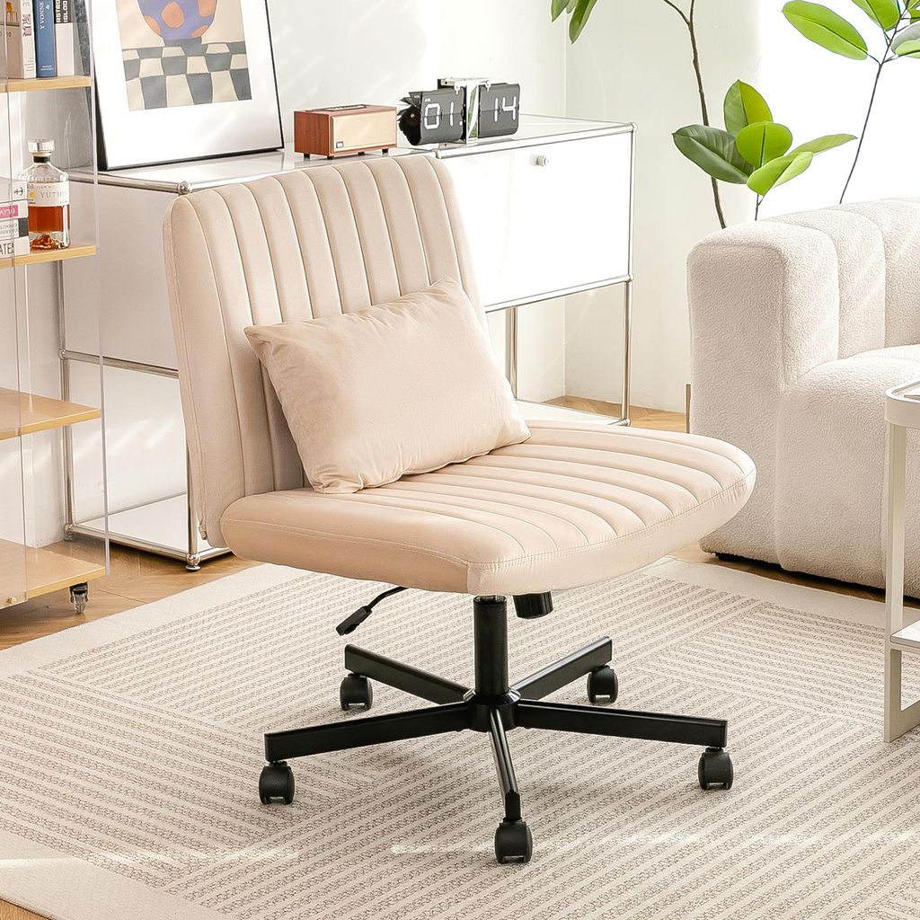 okwish Bürostuhl mit Polsterkissen und Leisen Rollen, Posterstuhl Höhenverstellbarer, ohne Armlehne, Drehstuhl mit Arbeitsbereich in Beige