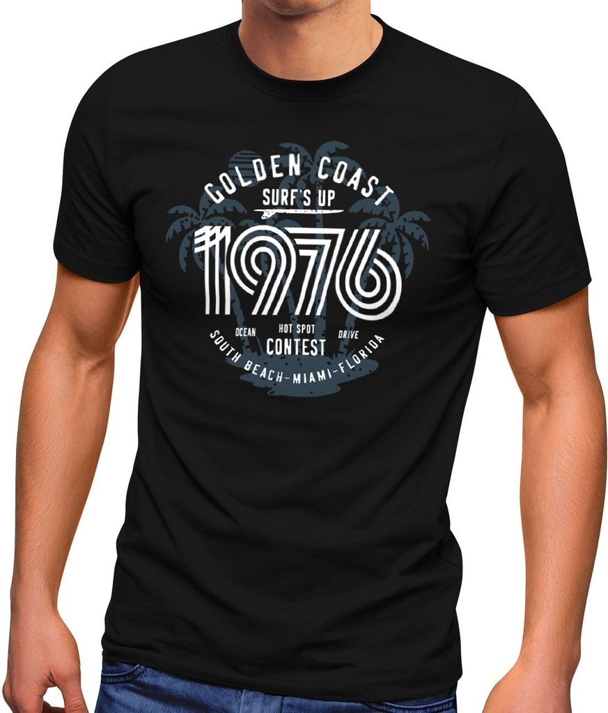Herren T-Shirt Surf Design Retro Style Schriftzug Golden Coast Miami Florida USA Fashion Streetstyle Neverless schwarz M